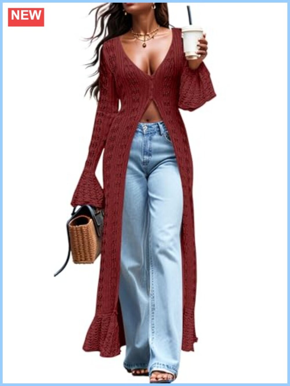 Maxi Long Cardigan Sweater Lightweight Crochet Bell Sleeve Ruffle